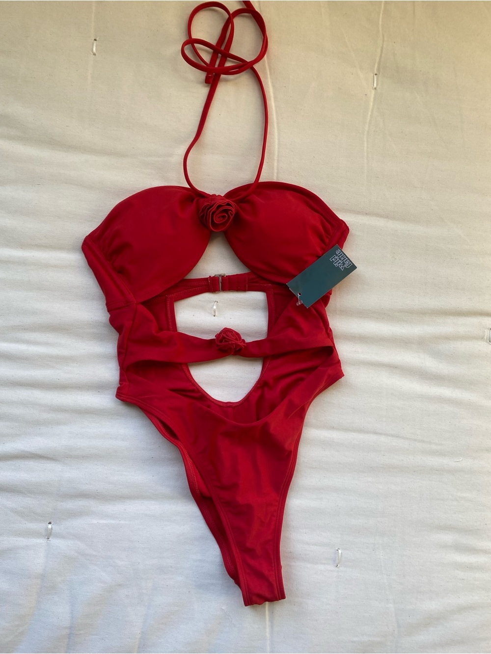 Red Cutout One-Piece Bikini with Rosettes, NWT